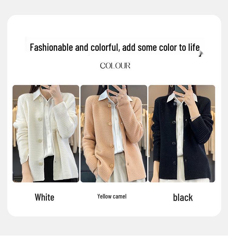 Women's Pure Wool Knit Cardigan Sweater: Loose, Round Neck, Hollow-Out Design