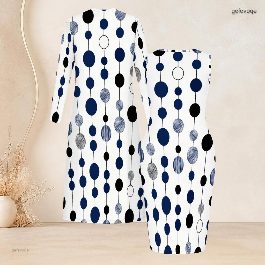 Women Plus Size Two Piece Set Long Sleeve Open Front Cardigan Round Neck Sleeveless Printed Bodycon Dress
