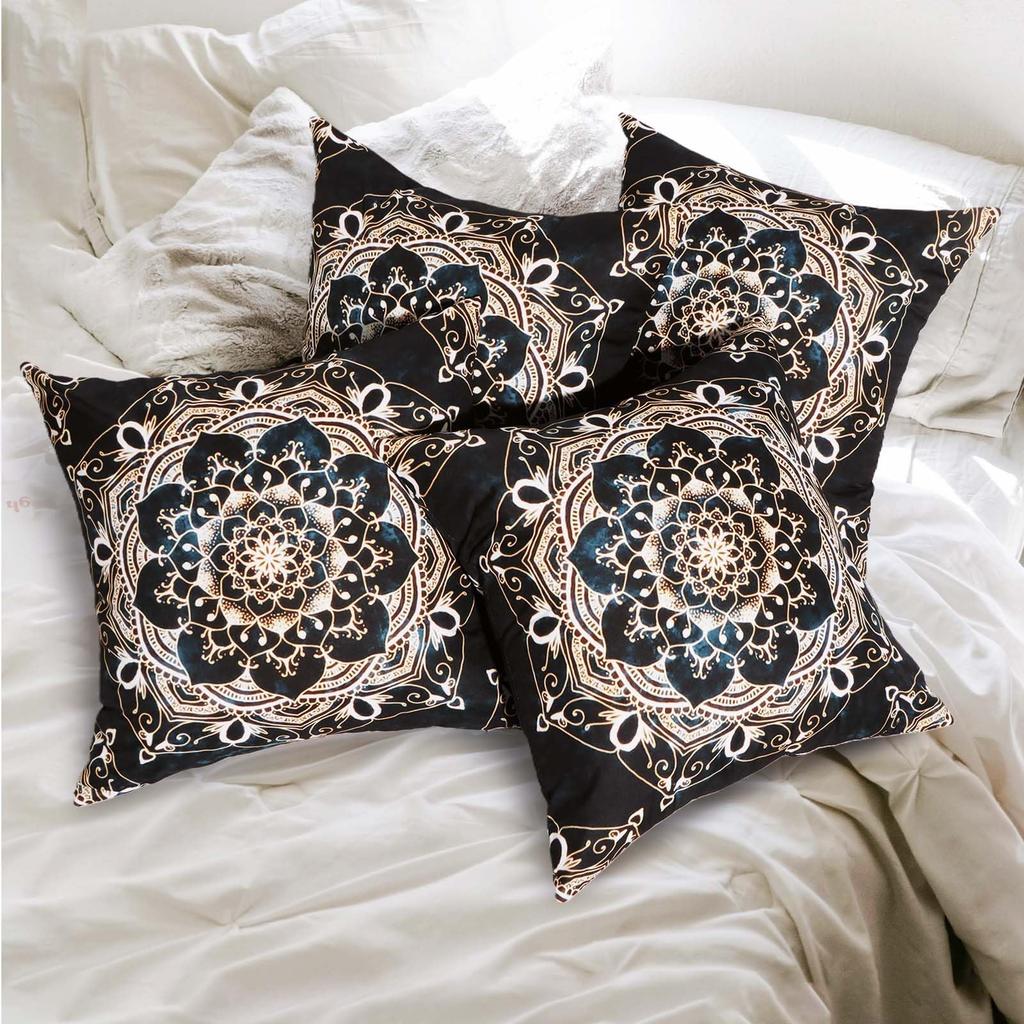 1Pc Black Gold Mandala Cushion Cover, Boho Intricate Floral Throw Pillow Case, Aesthetic Home Decor For Sofa Bedroom Living Room