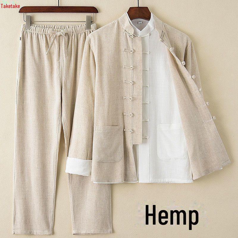 

Костюм Тан Весна-Лето: Хлопково-льняной костюм-тройка в китайском стиле с воротником-стойкой на пуговицах 2XL (size 175) for 145–160 lbs