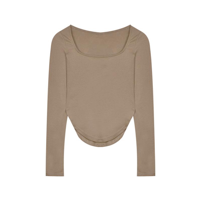 Autumn New U Collar Solid Color Sexy Low Collar Irregular Slim Long Sleeve T-shirt Women with A Base Shirt Top