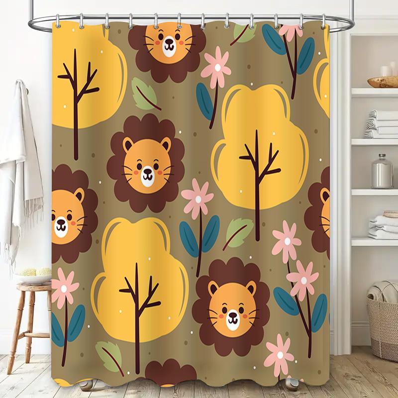 Animal Cartoon Shower Curtain Set Decorative Bath Tubs Waterproof Printing Polyester Fabric Kids Bathroom Accessories Yellow Pin