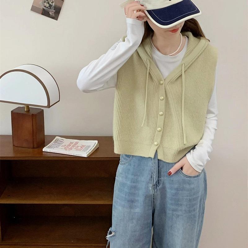 Spring and Autumn Casual Style Drawstring Hoodie Knitted Waistcoat Tank Top Stacked Solid Color Simple Women Sense of Loose Vest