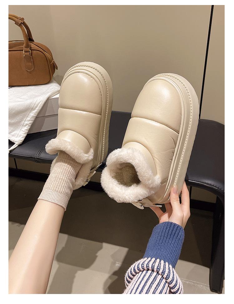 Women's Waterproof PU Leather Slippers: Thick Sole, Warm Velvet, Non-slip Bow Design for Outdoor Use