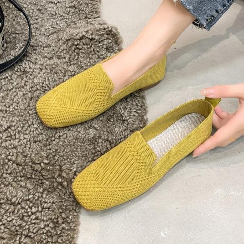 Womens New Solid Color Square Toe Mesh Loafers Shallow Soft Bottom Knit Casual Slip on Boat Flats
