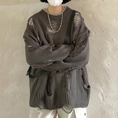Männer Herbst Winter Pullover Zerrissene Gefälschte Zwei-stück Hip Hop Einfarbig Aushöhlen Gestrickte Rundhals Langarm Lose weiche Dicke Warme Streetwear
