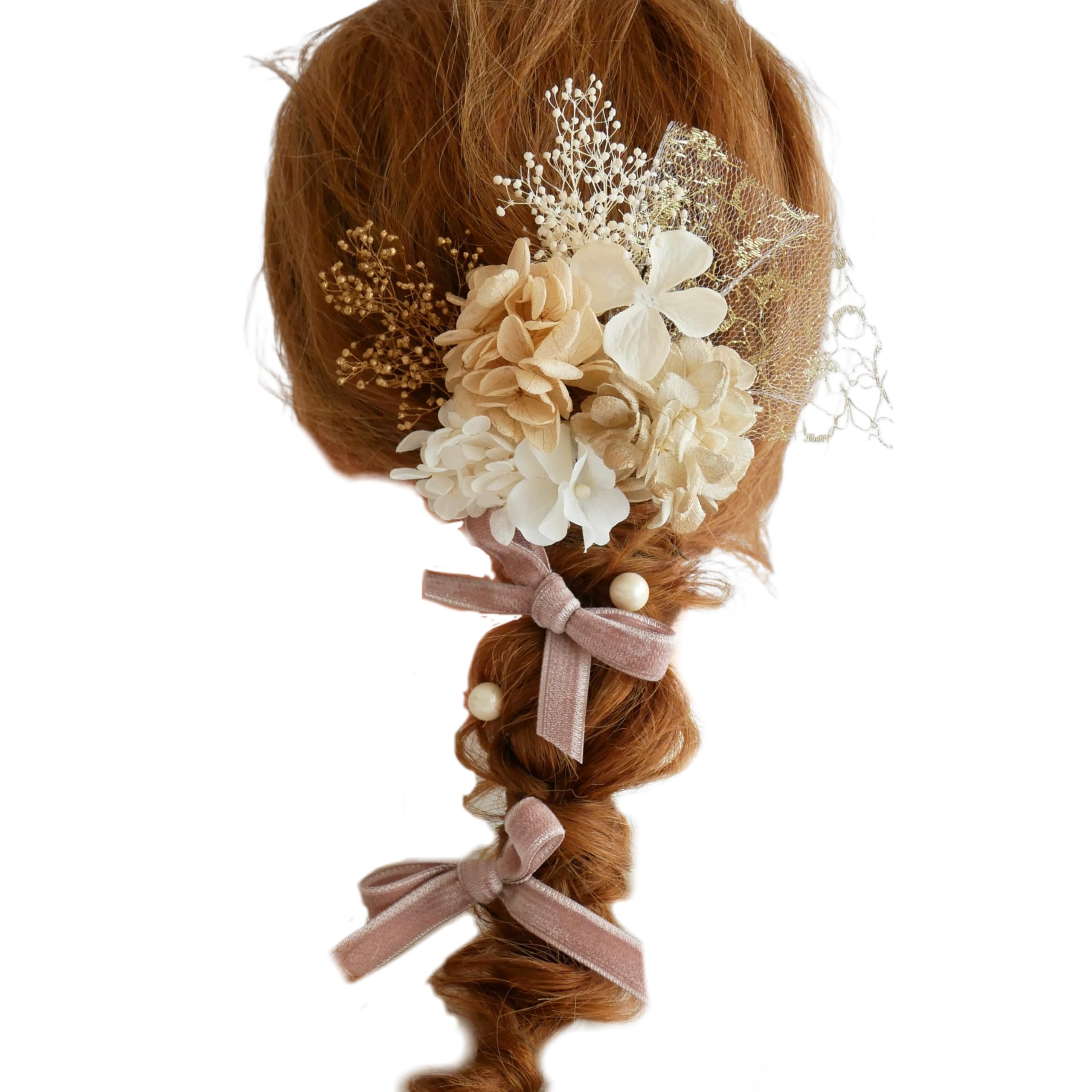 

[Bria] Preserved Flower Hair Ornament with Lace (Pink) for Coming-of-Age Ceremony, Graduation Ceremony, Wedding, Shichi-Go-San, and Traditional