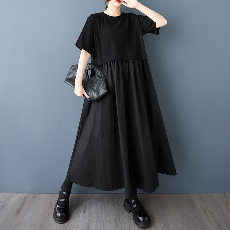 Short Sleeve Plus Size Black Vintage Patchwork New In Dresses for Women Casual Loose Long Summer Dress
