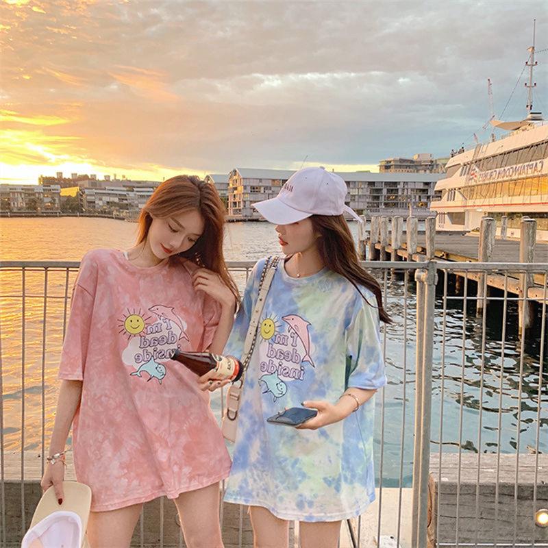 

Women s Korean Style Tie-Dye Cartoon Print Short Sleeve T-Shirt XL небо синє кольору