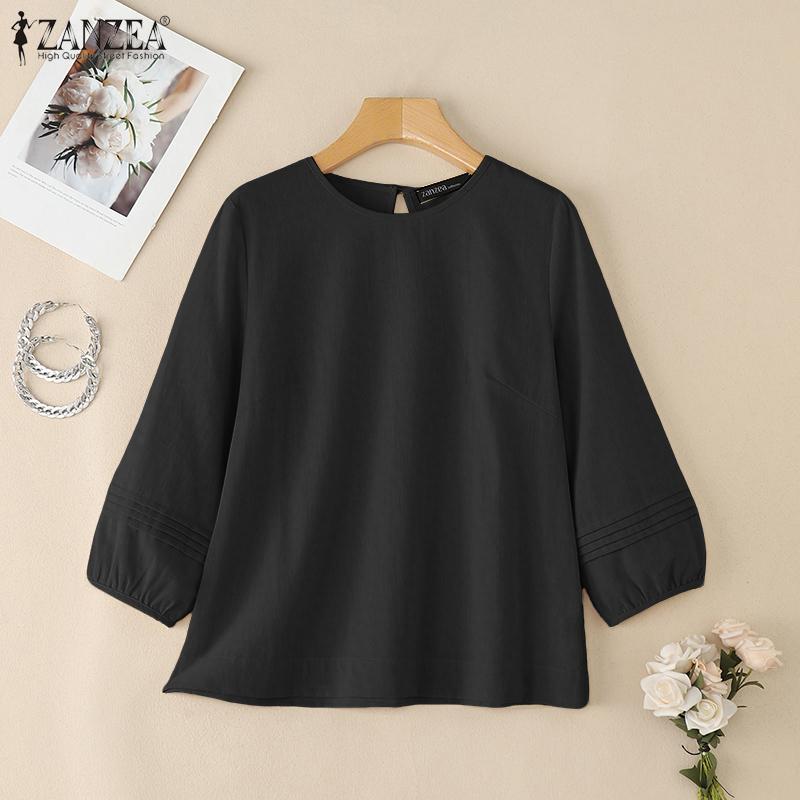 ZANZEA Women Casual Round Neck Solid Color 3/4 Sleeve Blouse