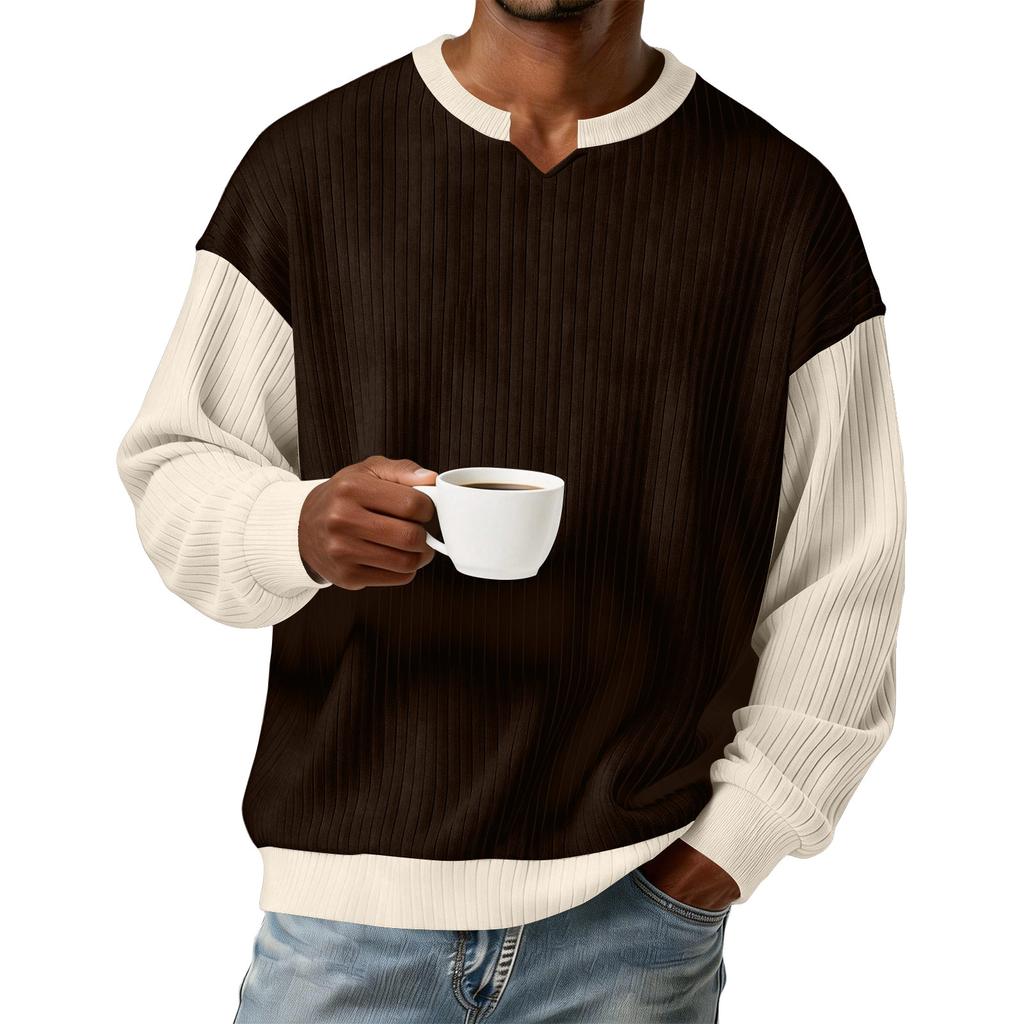 Men's Color,Blocked Stylish V,Neck Ribbed Textured Long,Sleeve T,Shirt