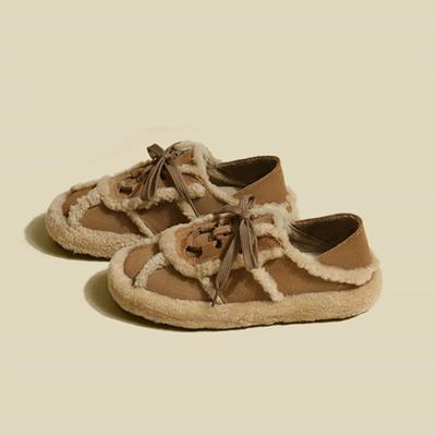 Fleece-lined Artificial Fluffy Women's 2024 New Autumn and Winter Lace-up Casual All-Matching Slippers Peas Shoes Woman Shoes