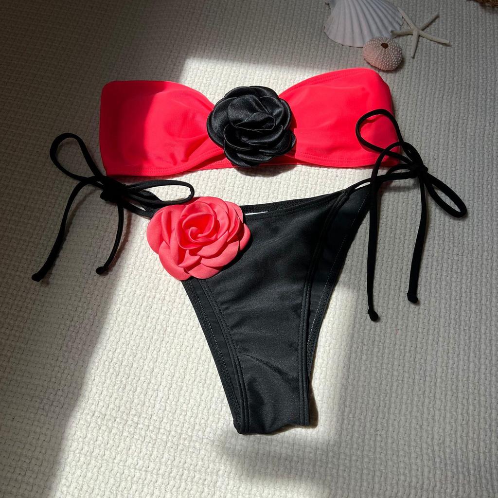 Rose Tie-Dye Color Block Two-Piece Swimsuit with Drawstring Lace-Up Bikini, European and American Style, Strapless Design 