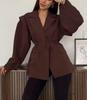 Women's Fashion Padded Shoulder Suit Jacket with Tie-Waist