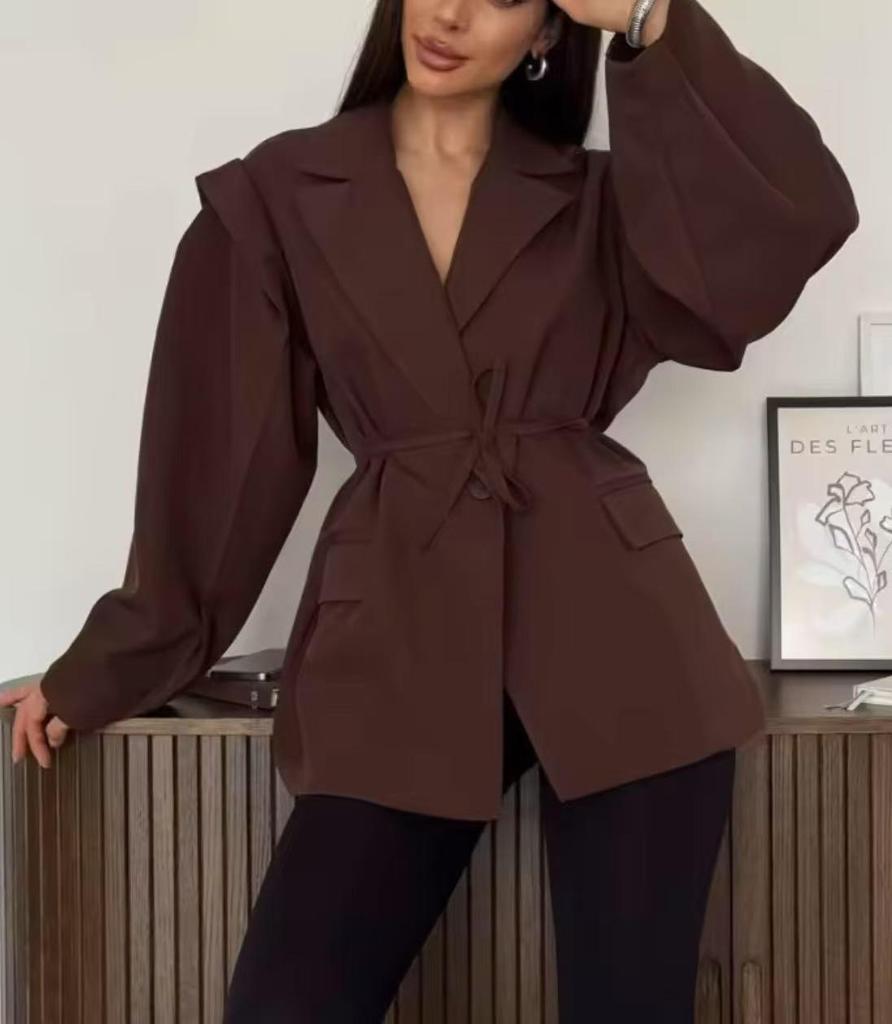 Women's Fashion Padded Shoulder Suit Jacket with Tie-Waist