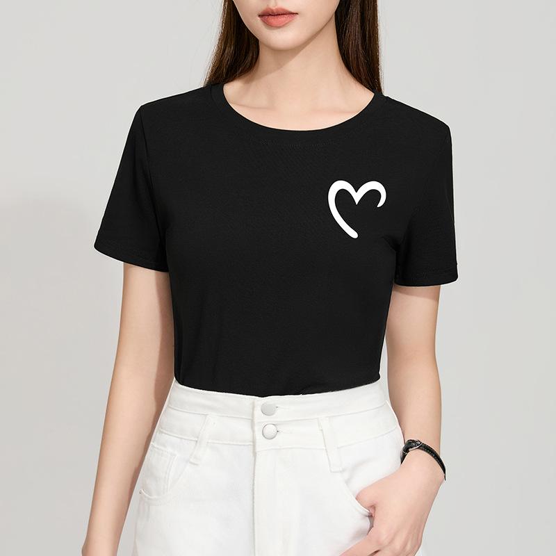 Forward Shoulder Round Neck Short-sleeved T-shirt for Women New Women's Heart-print Stretch Cotton T-shirt Korean Casual Top