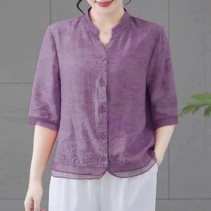 

Plus Size Mom Outfit Top New Shirt Casual V-neck Small Shirt Summer Fashion Thin Design 3XL фіолетовий