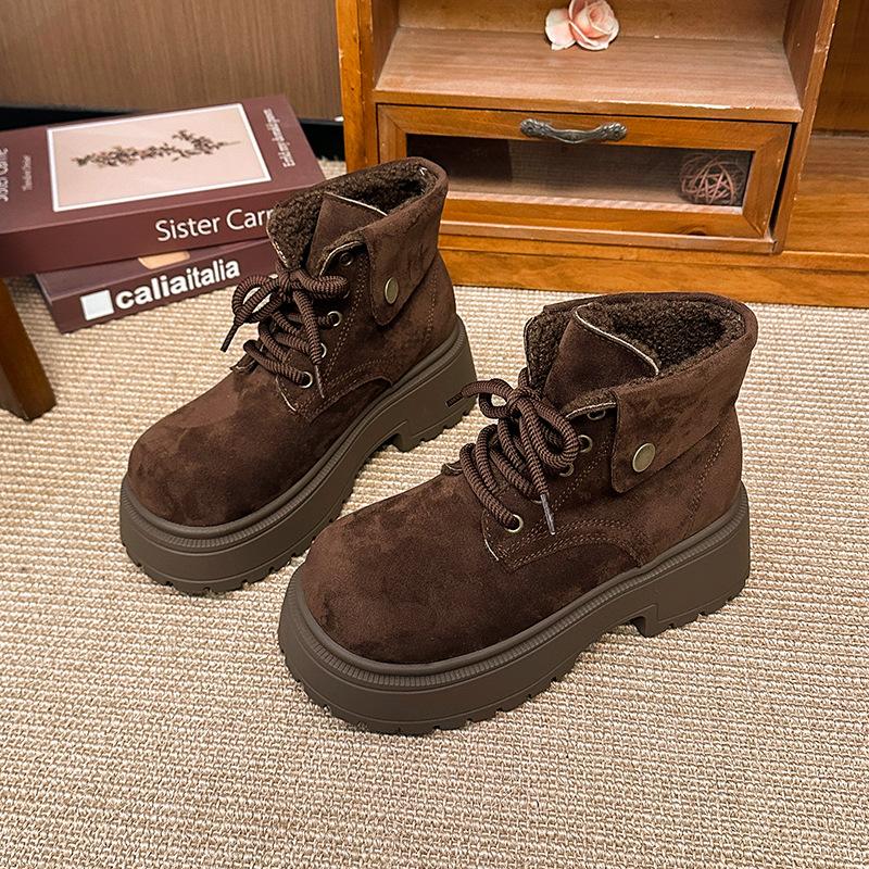 Women's Thick Bottom Lace-up Winter Lightweight Warm a Foot Pedal Padded Snow Boots Non-slip Wear Casual Sneakers Plush Martin Cotton Boots