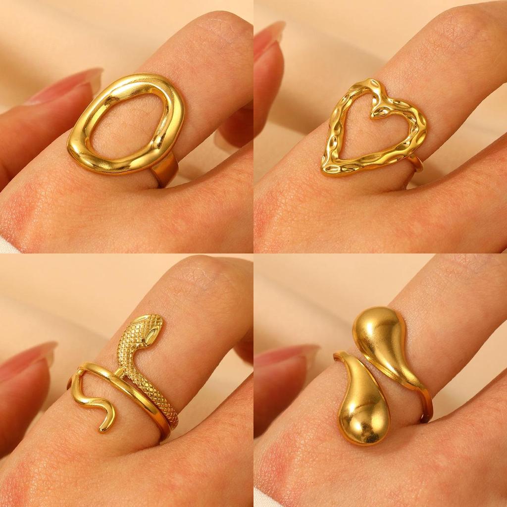 European & American Fashion Stainless Steel Geometric Water Drop Heart Snake Open Ring for Women