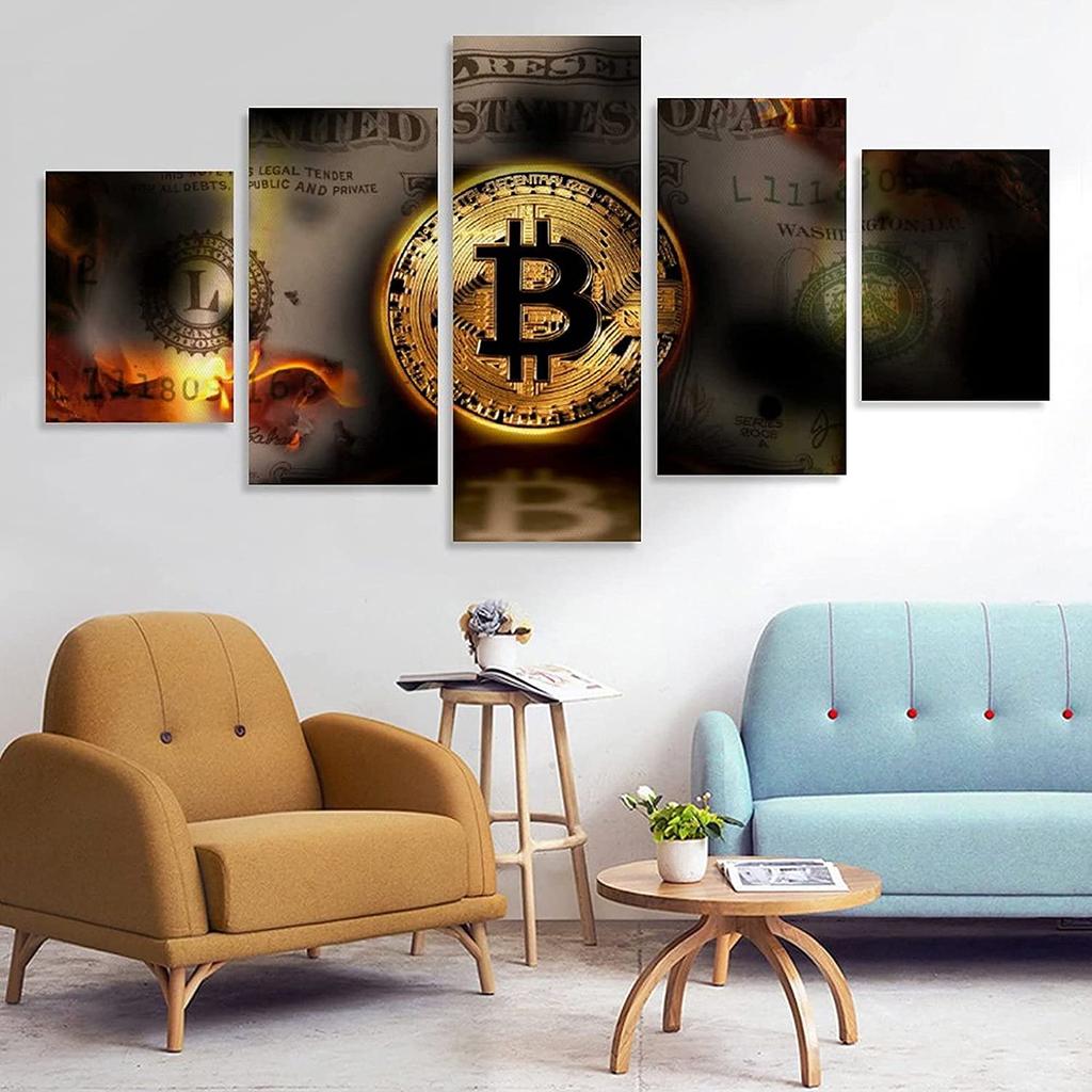 Silberne und goldene Bitcoins Krypto BTC 5 Stück HD Wandkunst Leinwand Poster Malerei für Wohnzimmer Heimdekoration Bild Dekorationen
