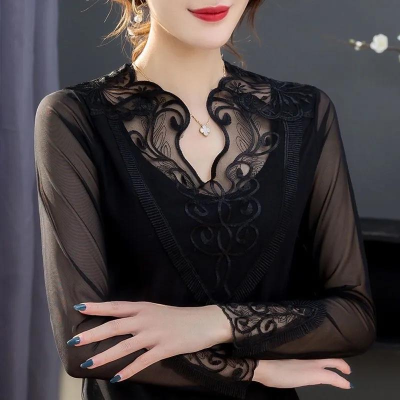 

Women s Summer Lace Mesh Camisole Top Slim-Fit Elegant Long-Sleeve Blouse XS