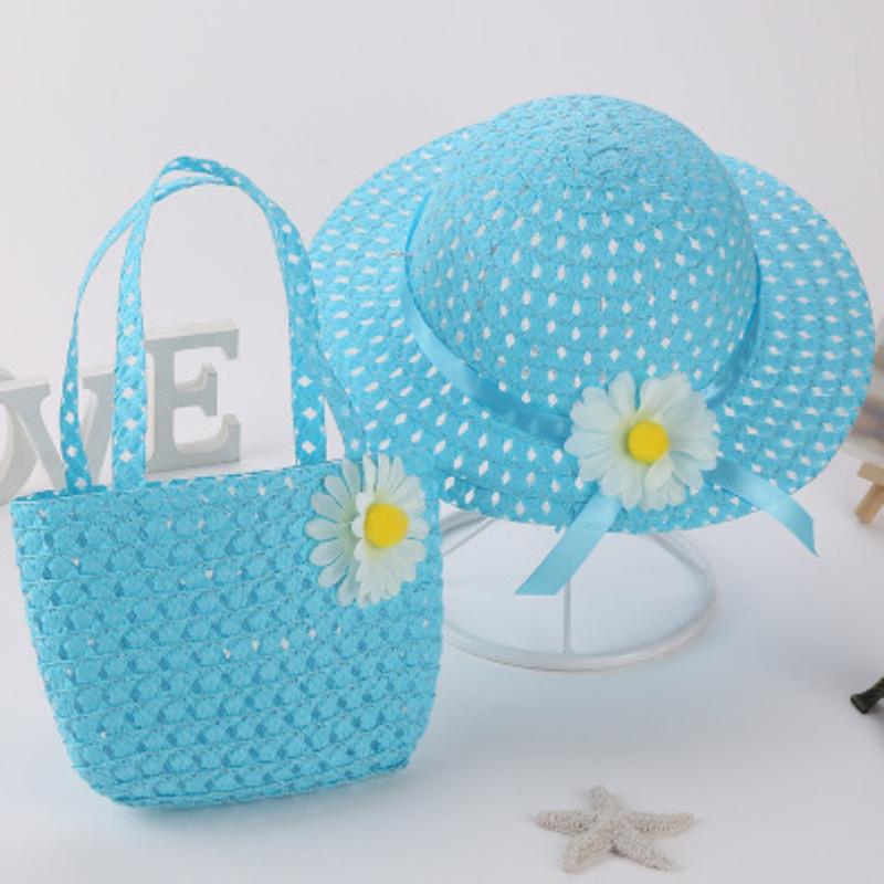 Kids Charm Princess Straw Baby Girl Sun Beach Hat Flower Cap & Handbag Lovely Summer