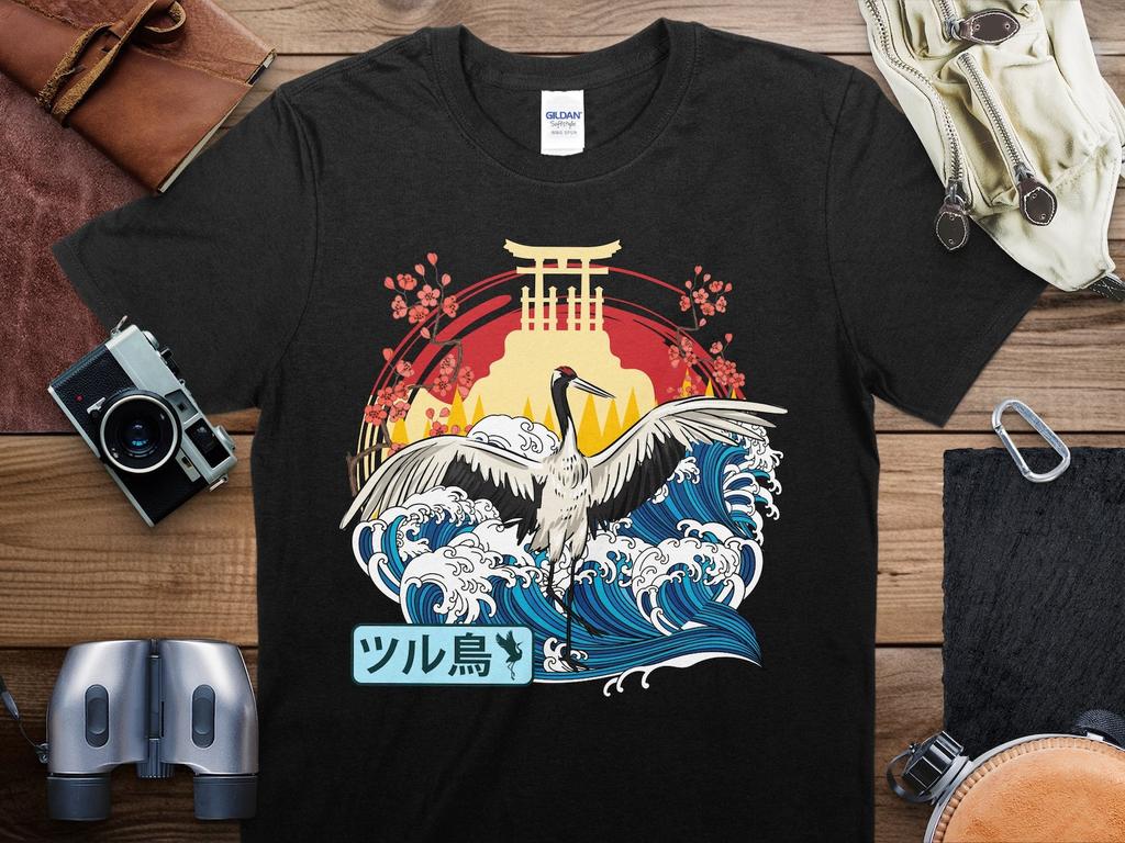 Japanese Crane T-Shirt, Unisex Graphic Tee, Artistic Bird and Waves Design, Cultural Fashion Top