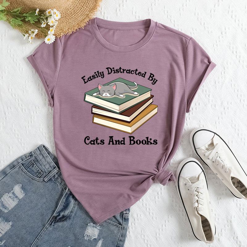 Summer Women's Fashionable Letter Cat Short Sleeved Casual Loose Cotton Round Neck Top