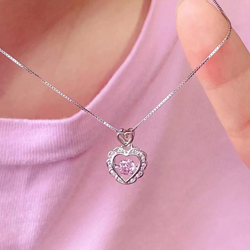 Pink Diamond Heart Necklace, Sparkling Crystal Love Pendant Necklace For Women Fashion Jewelry Gift