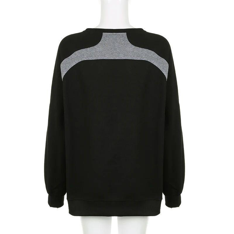 European and American spicy girl patchwork contrasting color hoodie women's round neck basic simple and versatile loose top