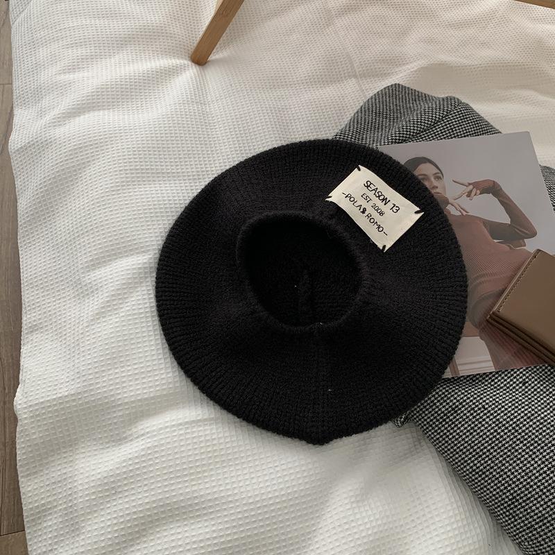 Porridge Cocoa Knitted Hat Woolen Hat Label Beret Women Autumn and Winter Versatile Warm Big Head Painter Hat