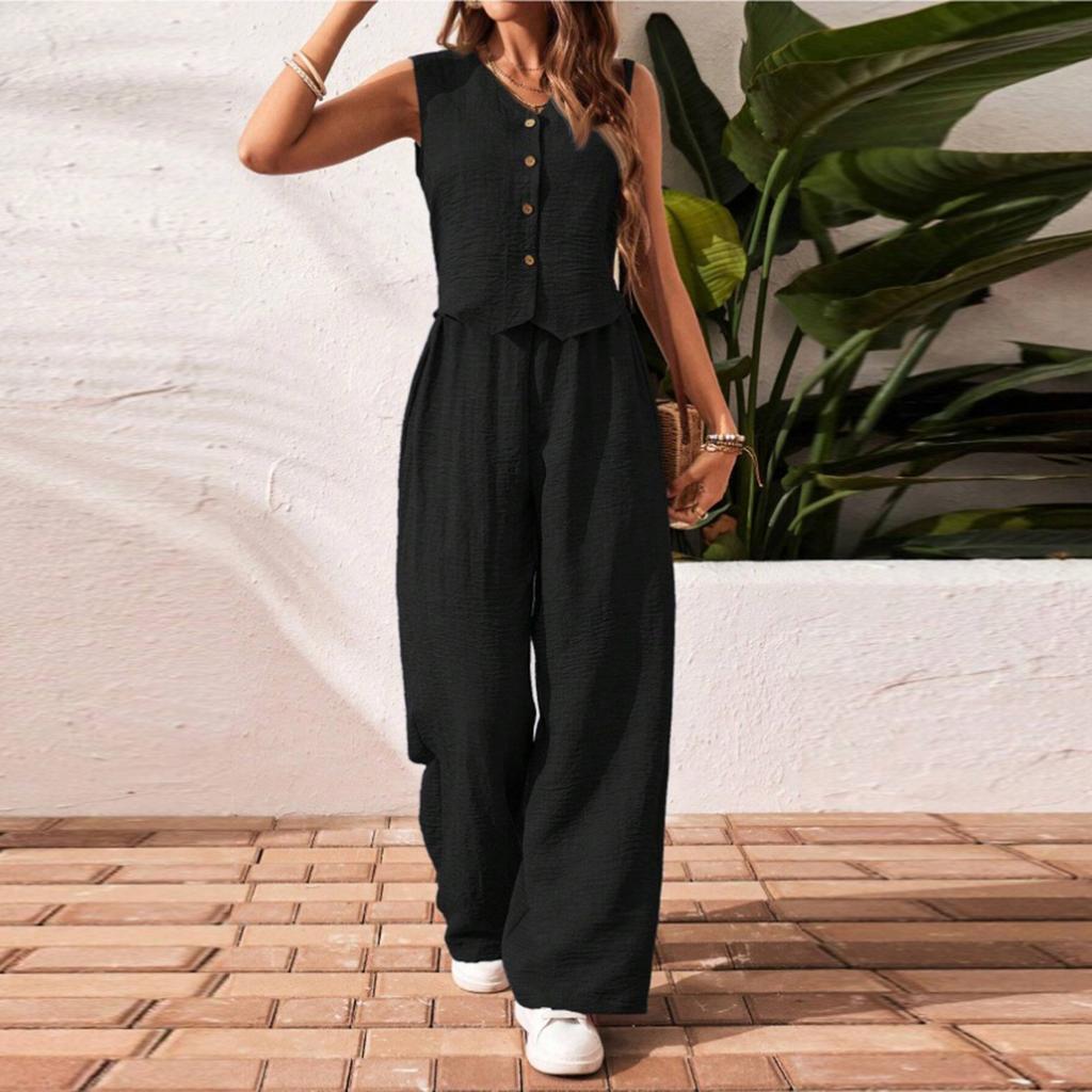 Women's Casual V-Neck Vest Linen-Cotton Blend Set