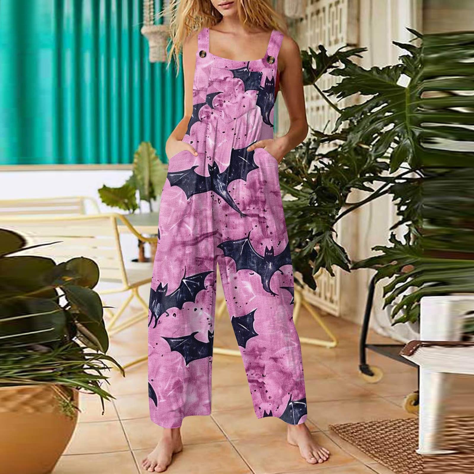 

Женский модный повседневный винтажный комбинезон без рукавов на пуговицах с принтом на Хэллоуин L розовый