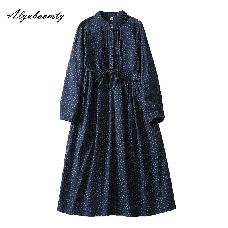 2025 Japoneză Mori Girl Primăvară Toamnă Femei Rochie Midi Guler Stand Maro Bleumarin Rochie Imprime Floral Cu Cirele Mâneci lungi Vintage Basic Rochie Damă