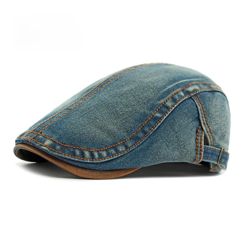 Spring Autumn Washed Denim Hat Men s Beret British Retro Cap Women s Casual Forward Hat One Size темно-синий