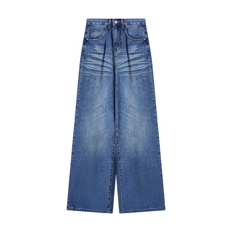 American Retro Washed Blue Denim Women's Autumn Loose All-Match Wide Leg Pants High Waist Straight Mopping Pants Pants