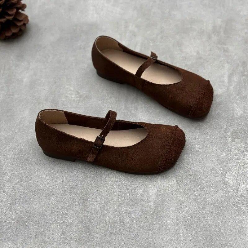 Johnature Echtes Leder quadratische Zehen Schnalle Riemen Frauen flache Schuhe handgefertigte einfarbig weiche Sohle Schuhe