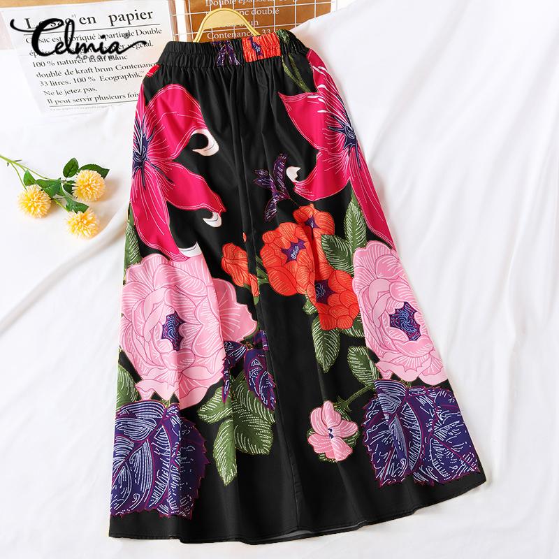 

Celmia Весна Женская мода Вечеринка Цветочный принт Праздничные юбки Макси с карманами Эластичная высокая талия Зонт Повседневная свободная длинная юбка плюс размер
