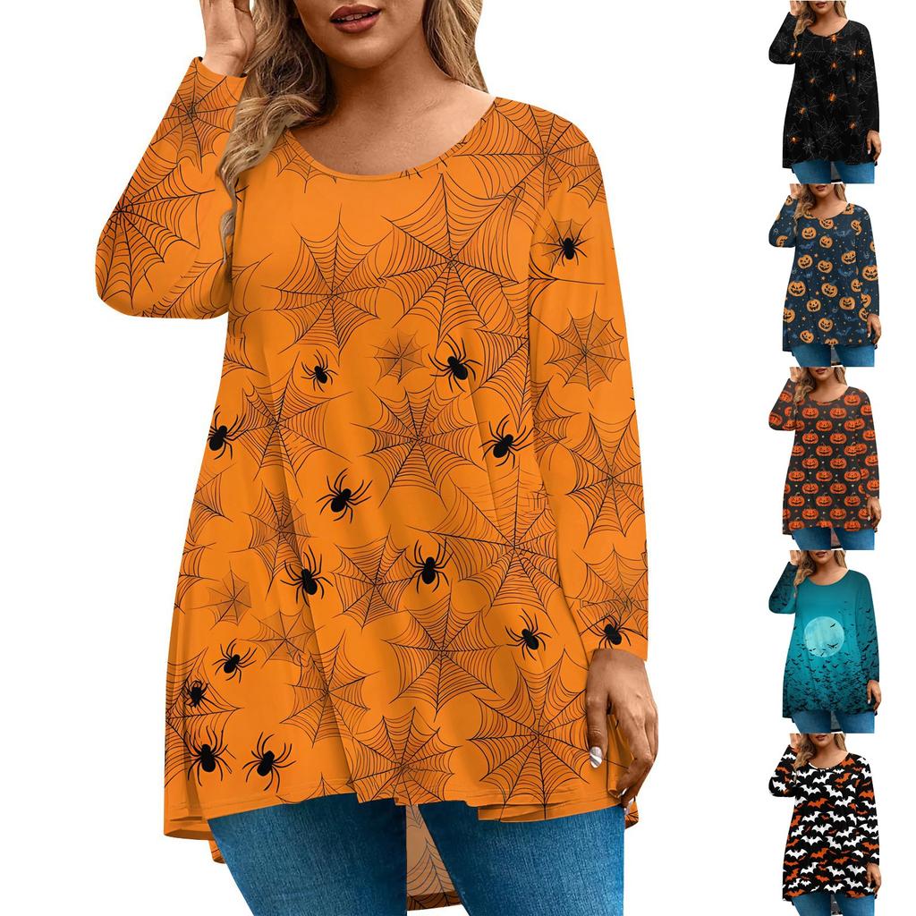 Women's Fashion Large Size Round Neck Long Sleeve Casual Halloween Print Loose Pullover Top