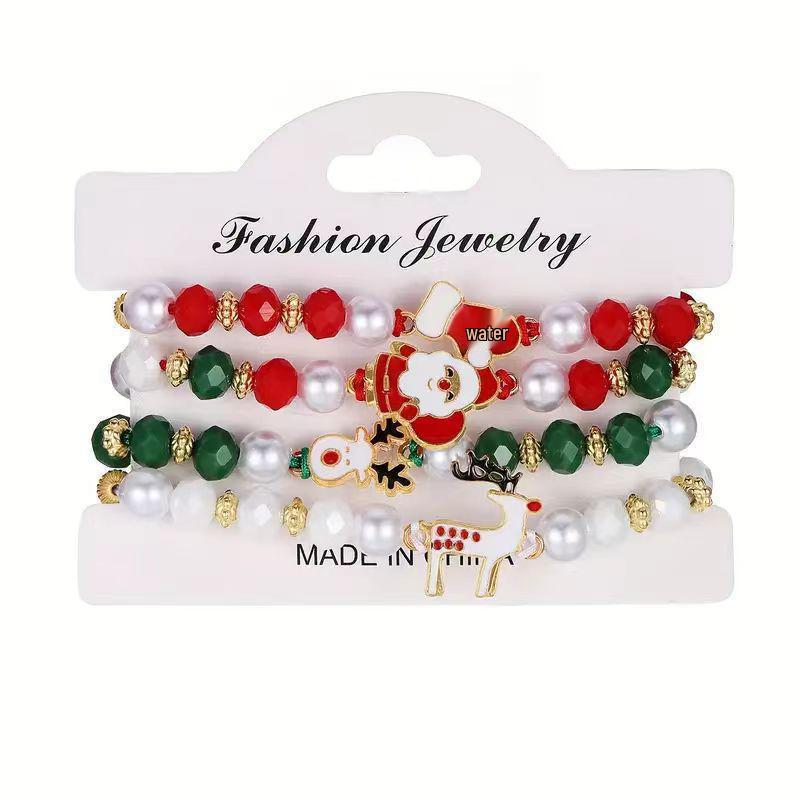 Holiday Pearl Beaded Bracelet Set with Santa & Reindeer Charms - Unisex Festive Hand Rope