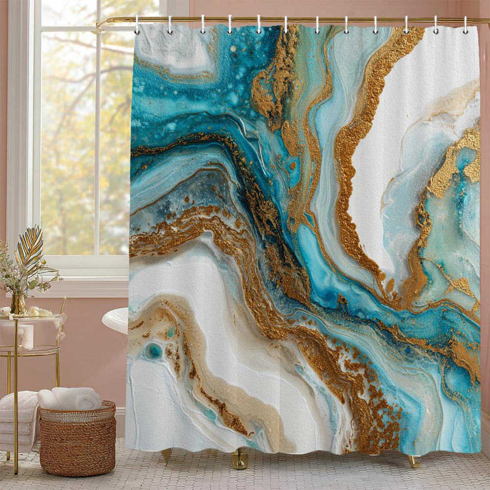 Blue Marbled Flow Art Shower Curtain, Bathroom Decorative Shower Curtain, Waterproof Shower Curtain with Hooks