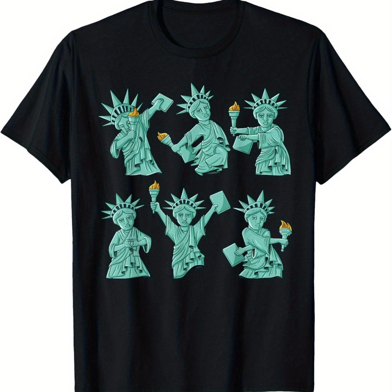 Funny Dancing Statue of Liberty Graphic Tee Patriotic USA 4th of July Casual Cotton T-Shirt for Men 4XL