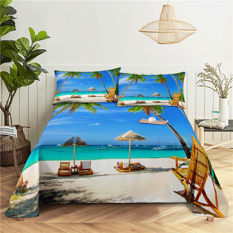 2/3Pcs Beach Bedding Sheet Home Digital Printing Polyester Bed Flat Sheet With Pillowcase Print Bed Sheet