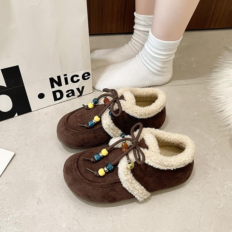 

Обувь Boken новая осень-зима 2025 теплые хлопковые ботинки овечья шерсть студенты универсальные милые инс с бусинами хлопковые ботинки 40 темно-коричневого