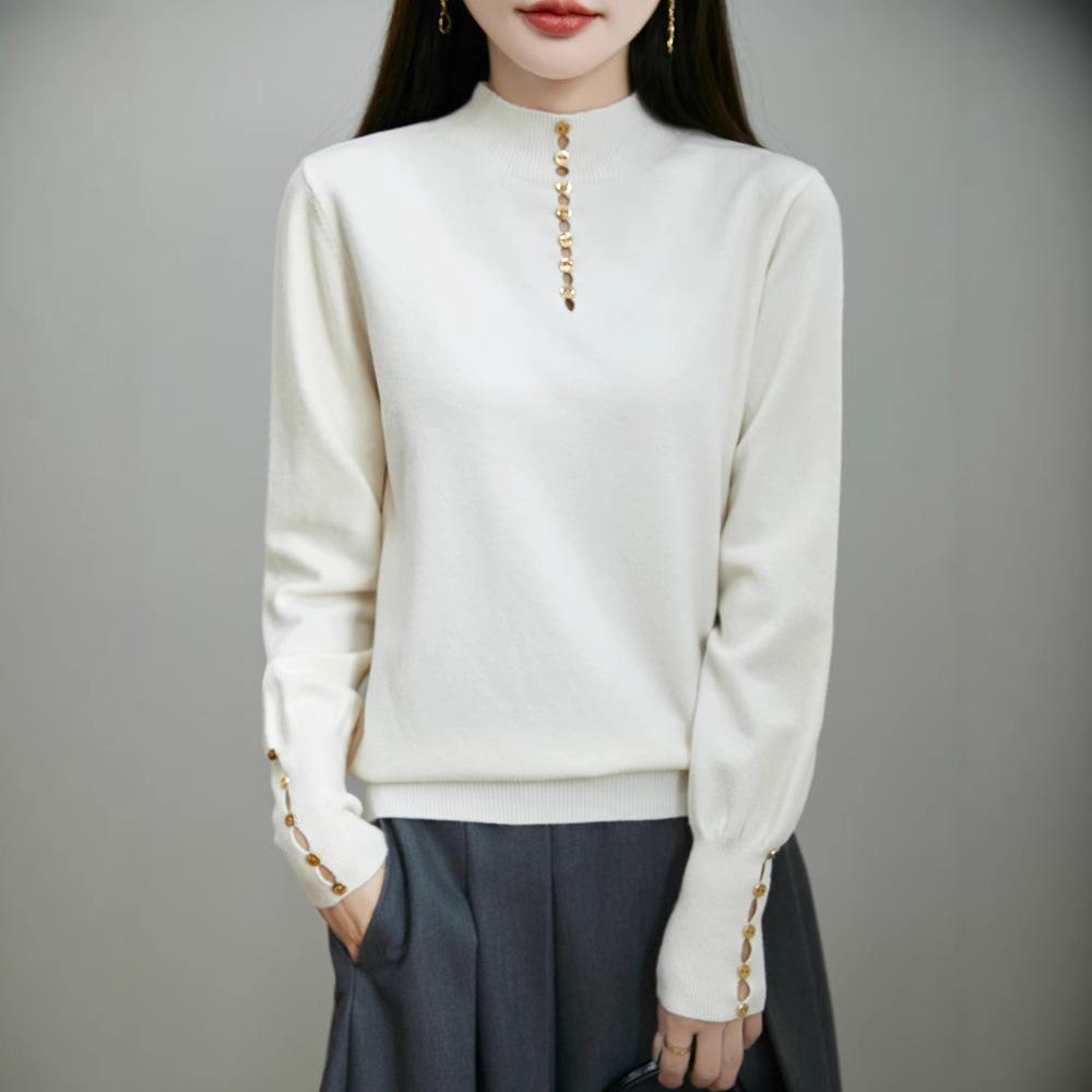 A Fashionable Semi-high Neck, Versatile Design Base Layer, Solid Color Loose and Warm Knitted Sweater for Women