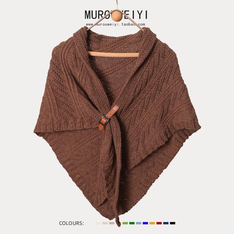 Women S Knitted Triangular Scarf With Buckle Dual Use As Shawl And Neck Warmer
