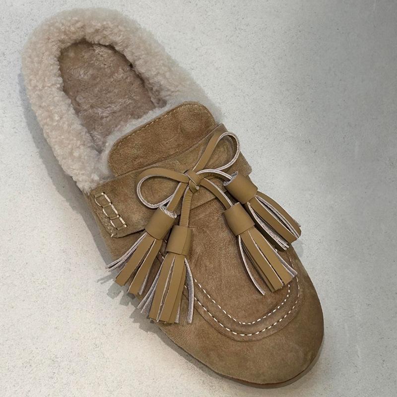 

Корейская версия бархатных теплых тапочек с круглым носком, бантом и кисточкой, женские универсальные тапочки-полусапожки на одной педали для улицы 40 абрикосовый