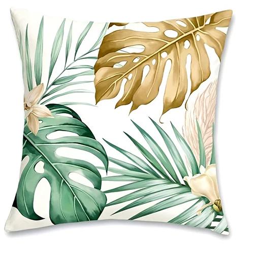 Golden Green Palm Leaf Decorative Pillowcase,Ultra-Soft Polyester Material Living Room Sofa Back Car Pillowcase Home Decoration