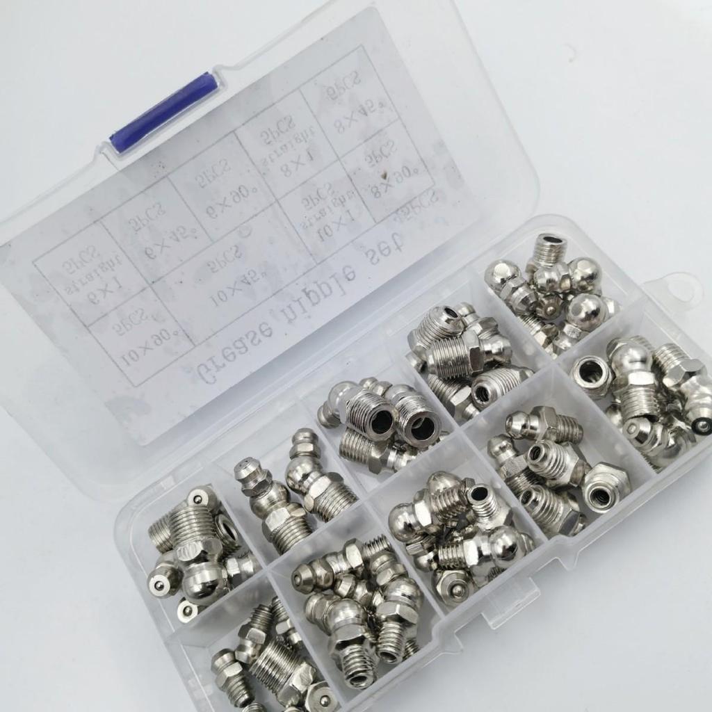 45-Piece Nickel-Plated and Copper-Plated Carbon Steel Grease Fitting Set - Includes Bent and Straight Fittings