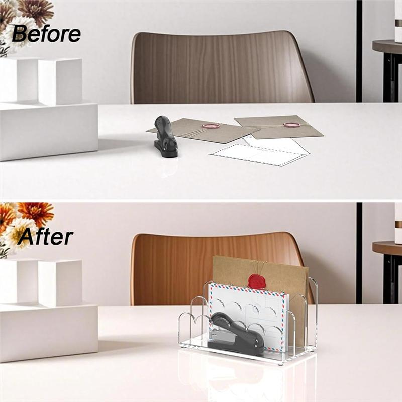 A95I-Clear Acrylic Mail Organizer File Sorters For Desk Laddered Desktop Vertical Holder Desk Organizer Workspace Organizer